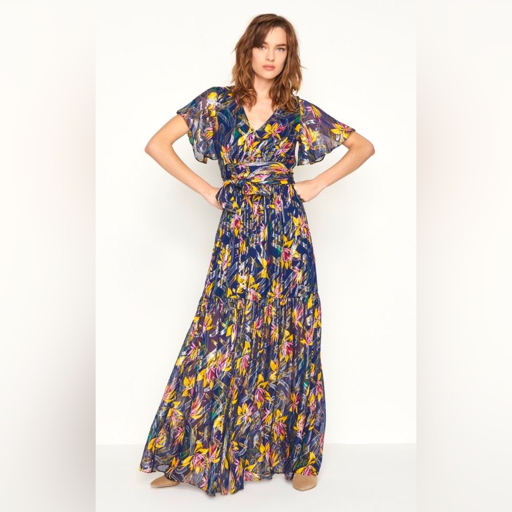 BA&SH NAVY FLORAL FLOWY SILK DRESS